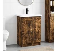 Holepyr Ensemble de meubles de salle de bain en chêne fumé avec lavabo et robinet, 56 x 37,5 x 81 cm, espace de rangement, tiroirs, portes, étagère, pour rénovation, design moderne
