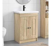 Holepyr Ensemble de meubles de salle de bain en chêne Sonoma 78,5 x 37,5 x 81 cm avec lavabo, robinet, espace de rangement, meuble de salle de bain, armoire basse, étagère miroir pour rénovation