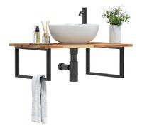 Holepyr Étagère de lavabo murale en acier et bois d'acacia massif, 100 x 60 cm, avec 2 supports, meuble de salle de bain peu encombrant pour lavabo, étagère et WC d'invités, montage stable