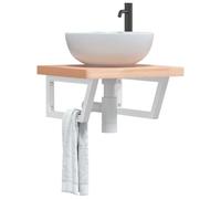 Holepyr Étagère de lavabo murale en acier et bois de hêtre massif avec forme trapézoïdale 50 x 50 x 4 cm, 2 supports, charge jusqu'à 100 kg, peu encombrant, pour meubles de salle de bain, lavabo, WC
