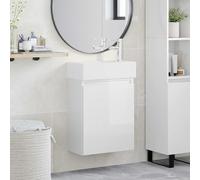 Holepyr Meuble de salle de bain blanc brillant avec robinet et lavabo, meuble de salle de bain mural avec espace de rangement, porte réversible, mitigeur, étagère, idéal pour les toilettes d'invités