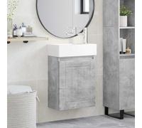 Holepyr Meuble sous lavabo de salle de bain gris béton avec lavabo en céramique, robinet argenté, bonde poussoir, porte réversible, montage mural, espace de rangement, meuble de salle de bain moderne