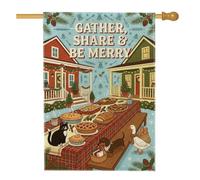 Holiday Feast Gathering Drapeau de maison de Noël 71 x 101 cm | Chat smoking, drapeau de cour, chien teckel, oie, tartes de vacances, branches de pin, décoration de jardin extérieur