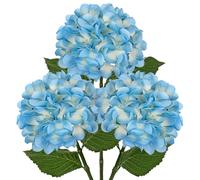 Hollyone Lot de 3 fleurs artificielles d'hortensia bleues avec grandes fleurs de 17,8 cm, fleurs en soie à longue tige pour arrangement floral, vase haut, décoration d'intérieur, décoration de mariage