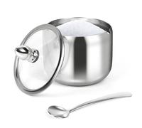 holoith Sucrier avec couvercle en verre et cuillère, en acier inoxydable, 290 ml, pour bar, stations de café, accessoires de cuisine, sel, bonbons, grains de café (argent)