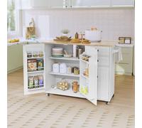 HOLTICO Îlot Central de Cuisine Mobile avec Plan de Travail Pliable, Desserte de Cuisine à roulettes avec Rangement à Épices, 2 Tiroirs et Étagères Réglables, Meuble de Cuisine, 128x46x91 cm, Blanc