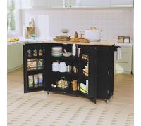 HOLTICO Îlot Central de Cuisine Mobile avec Plan de Travail Pliable, Desserte de Cuisine à roulettes avec Rangement à Épices, 2 Tiroirs et Étagères Réglables, Meuble de Cuisine, 128x46x91 cm, Noir
