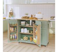 HOLTICO Îlot Central de Cuisine Mobile avec Plan de Travail Pliable, Desserte de Cuisine à roulettes avec Rangement à Épices, 2 Tiroirs et Étagères Réglables, Meuble de Cuisine, 128x46x91 cm, Vert