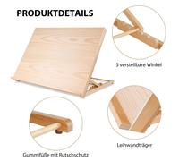 Holz A2 : chevalet de table réglable, idéal pour la peinture et le dessin. Pliable et portable, il peut également servir de porte-livres. Fabriqué en bois naturel