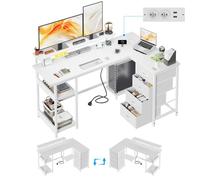 HOMALL Bureau d Angle 155cm Blanc · Prises + USB Integres · Tiroirs + Etageres · Reversible · Etagere Ecran
