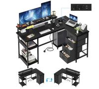 HOMALL Bureau d Angle 155cm Noir · Prises + USB Integres · Tiroirs + Etageres · Reversible · Etagere Ecran