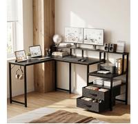 Homall Bureau d'Angle L 170x120 cm avec Prises Intégrées et USB | Tiroir à Serrure à Combinaison, Support Écran et Étagères | Noir