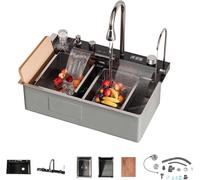 Homary Évier de cuisine multifonction en acier inoxydable noir, évier intelligent avec mitigeur à douchette extractible, planche à découper et égouttoir, finition dorée - 29 pouces (73,7 cm)