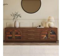 Homary Meuble TV LED Noyer 183 cm avec Portes Vitrées Arquées, Rangement avec Tiroirs Doux, Banc TV Bois Moderne Convient pour Salon ou Chambre
