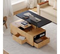 Homary Table Basse Relevable, Table Basse Salon Bois avec Rangement Caché, Mode Bureau Salle à Manger, Tournante Hydraulique, Meuble Convertible, Hauteur Réglable, Tabouret Non Inclus