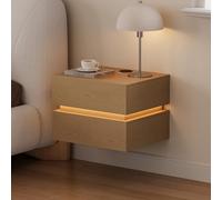 Homary Table de Chevet Suspendue avec LED, Table de Nuit Murale Intelligente en Bois avec 2 Tiroirs, Chargeur sans Fil et Lumière Réglable, Lumio Design Moderne Naturel