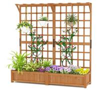 HOMASIS 3 en 1 Lit de Jardin Surélevé en Bois avec Treillis, Jardinière d’Extérieur avec Trous de Drainage et Bac à Plantes, pour Plantes Grimpantes, Légumes, Fleurs, 180 x 48 x 183 cm (Orange)