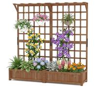 HOMASIS 3 en 1 Lit de Jardin Surélevé en Bois avec Treillis, Jardinière d’Extérieur avec Trous de Drainage et Bac à Plantes, pour Plantes Grimpantes, Légumes, Fleurs, 180 x 48 x 183 cm (Marron)