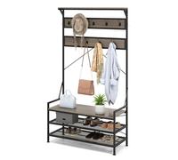 HOMASIS 4 en 1 Porte-Manteau Vestiaire à Chaussures, Meuble d'Entrée avec Etagère à Chaussures à 2 Niveaux, Cadre en Métal, 2 Anti-Basculement, Banc à Chaussures Industriel,102 x 40 x 184 cm (Gris)