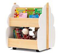 HOMASIS Bibliothèque pour enfant, avec 2 compartiments, en bois, avec 4 roues, jolie boîte de rangement pour chambre d'enfant, salle de jeux et maternelle, blanche et naturelle