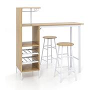 HOMASIS Ensemble de table de bar avec 2 tabourets de bar, table de salle à manger avec supports pour verres à vin et étagères pour 6 bouteilles de vin, table bistro industrielle pour cuisine, 120 x 40