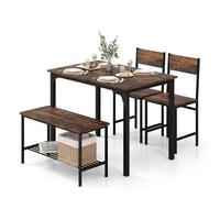 HOMASIS Ensemble Table de Salle à Manger 4 Pièces, 1 Banc et 2 Chaises, Étagère de Rangement, Ensemble de Bar Industriel avec Structure en Métal, pour Cuisine, Salon, Bistrot