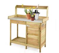 HOMASIS Etabli Atelier Garage Exterieur en Bois, Bureau de Travail avec Tiroir, Table de Jardinage pour Plantes, Armoire et Plateau en Métal pour Jardin, Balcon, Terrasse, 112 x 46 x 125 cm