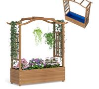 HOMASIS Jardinière avec 2 Grilles et Toit, jardinière avec Treillis en Bois, Lit Surélevé de Jardin avec Revêtement et Trous de Drainage pour Plantes Grimpantes, 110 x 40 x 124 cm, Marron
