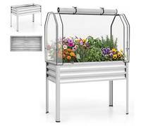 HOMASIS Jardiniere sur Pieds 142 L avec Bâche PE de Serre，Argent | Potager Surélevé en Métal avec Porte Enroulable, pour Légumes Fleurs, Jardin, Balcon, 112x55x152cm