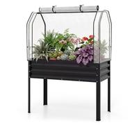 HOMASIS Jardiniere sur Pieds 142 L avec Bâche PE de Serre，Noir | Potager Surélevé en Métal avec Porte Enroulable, pour Légumes Fleurs, Jardin, Balcon, 112x55x152cm
