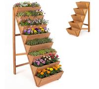 HOMASIS Jardiniere sur Pieds en Bois de Étages, Bac Jardinage Potager Surélevé d’Escalier avec Plates-Lits en V et Base Triangulaire Stable, pour Herbes, Fleurs, Légumes (Doré, 100x60x149,5cm)