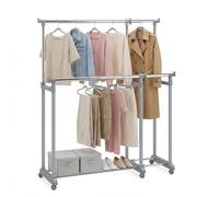 HOMASIS Portant a Vetement Double sur Roulette, Penderie Vetement Extensible avec Hauteur 94-169 cm et Largeur 107-168 cm, Porte-Vêtements Tringle sur Pied en Métal pour Vestiaire, Buanderie