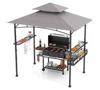 HOMASIS Tonnelle de Jardin Extérieur, Gazebo Barbecue avec Double Toit, 2 Tables, Crochets et Ouvre-Bouteilles, Pergola de Réception Résistant aux Intempéries pour Jardin Grill (Gris)