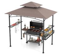 HOMASIS Tonnelle de Jardin Extérieur, Gazebo Barbecue avec Double Toit, 2 Tables, Crochets et Ouvre-Bouteilles, Pergola de Réception Résistant aux Intempéries pour Jardin Grill (Brun)