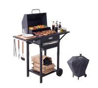 HOMAVO Barbecue Charbon de Bois, Gril avec Couvercle, Surface de Cuisson: 45×32 cm, Bac à Charbon Réglable en Hauteur, Table Latérale, Thermomètre, Housse Barbecue Incluses
