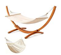 HOMAVO Hamac avec Support en Bois, Ensemble Double Hamac, 200 kg de Charge, 320×120×120 cm, Hauteur Ajustable, pour Jardin, Terrasse & Balcon 27kg