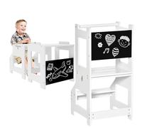 HOMCOM 3 en 1 Tour d'Observation Enfant avec Barreau pour 3 à 6 Ans Blanc | Tour d'Apprentissage, Hauts Rebords de Sécurité, Tableau Noir, Marches Antidérapantes, Learning Tower