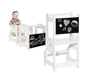 HOMCOM 3 en 1 Tour d'Observation Enfant avec Barreau pour 3 à 6 Ans Blanc | Tour d'Apprentissage, Hauts Rebords de Sécurité, Tableau Noir, Marches Antidérapantes, Learning Tower