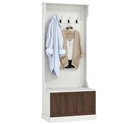 HOMCOM 3-in-1 Crochet d'entrée avec porte-chaussures, crochet de sol peu encombrant avec 4 crochets et banc de rangement, MDF, pour entrée, chambre, 71.5x39.5x170 cm, blanc et marron