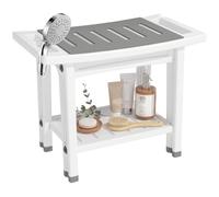 HOMCOM 56 cm banc douche 2 niveaux lattes rangement Blanc/Gris | Avec 4 pieds et étagère, confortable, tabouret de salle de bain, organisateur de bain spa.