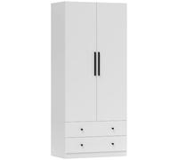 HOMCOM Armoire 2 Portes avec Barre de penderie 79x43x180cm Blanc | Meuble polyvalent avec 2 tiroirs, penderie pour chambre