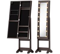 HOMCOM Armoire à Bijoux, Armoire de Rangement sur Pieds, Boîte à Bijoux avec Miroir Multi-Rangements Éclairage LED Marron Foncé