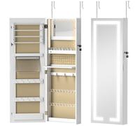 HOMCOM Armoire à bijoux avec LED, organisateur de bijoux mural/de porte verrouillable avec miroir, 37 x 10,5 x 108 cm, blanc