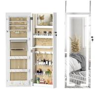 HOMCOM Armoire à Bijoux LED Mural/de Porte Miroir Pleine Longueur Blanc | Organisateur de Bijoux, Verrouillable, Divers Compartiments, Meuble de Rangement pour Colliers, Boucles d'Oreilles
