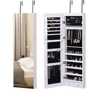 HOMCOM Armoire à bijoux, miroir bijoux, rangement bijoux avec LED, multi-rangements, verrouillable, à fixer sur porte ou mur - 37x10x120cm, effet bois grisé