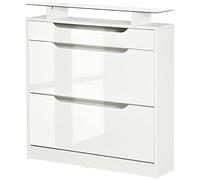 HOMCOM Armoire à Chaussures avec 2 Tiroirs Rabattables + 1 Tiroir Coulissant + 1 Comptoir et 1 Plateau en Verre Étagère Réglable sur 2 Niveaux 89 x 23 x 96 cm Blanc