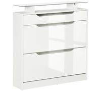 HOMCOM Armoire à chaussures avec 2 tiroirs rabattables + 1 tiroir coulissant + 1 comptoir et 1 plateau en verre étagère réglable sur 2 niveaux blanc