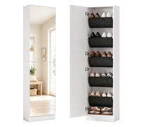 HOMCOM Armoire à chaussures étroite avec miroir intégral, 2 portes réversibles, étagères en tissu non tissé, pour 12 paires, étagère à chaussures avec fonction de fermeture douce pour entrée, couloir
