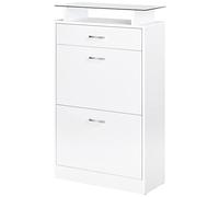 HOMCOM Armoire à chaussures 2 portes abattantes, 2 compartiments, tiroir, plateau verre Chêne Blanc