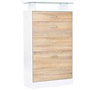 HOMCOM Armoire à Chaussures Meuble Rangement Chaussures 2 Portes abattantes 2 Compartiments, tiroir, Plateau en Verre - Bois chêne Blanc